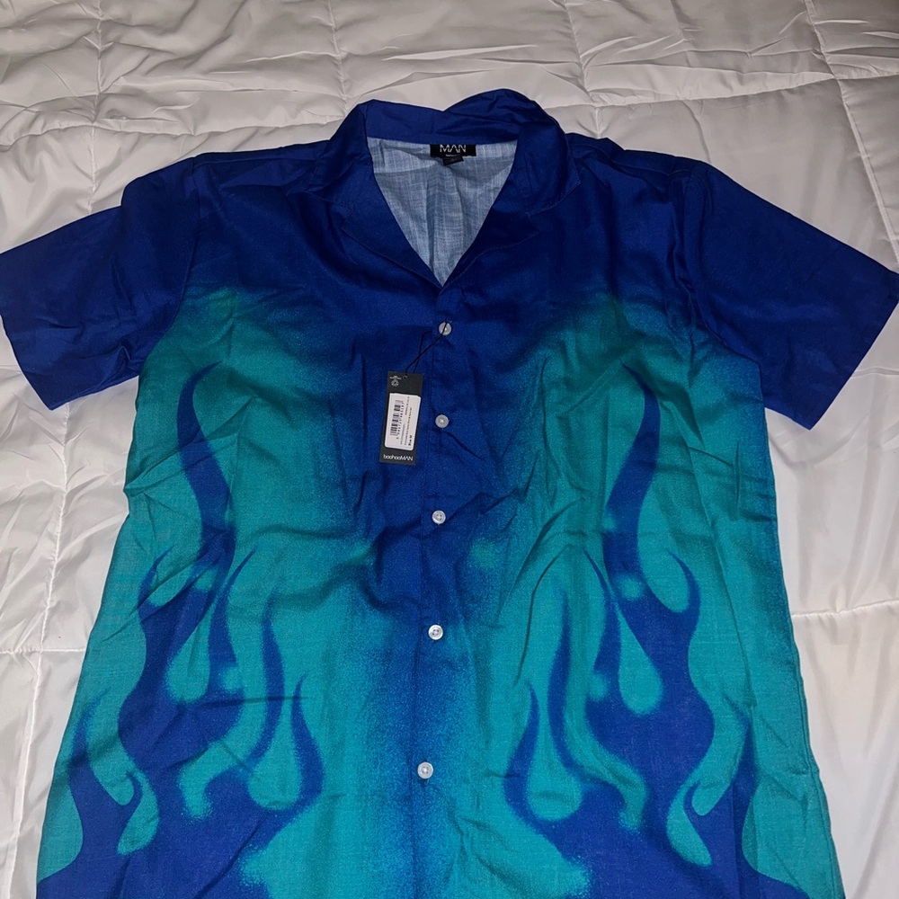 Men's Blue and Green Flame Shirt